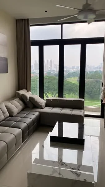 Living features: L-shape sectional sofa in grey, marble coffee table, floor-to-ceiling windows, city view, light-colored walls, curtains, ceiling fan, polished tile flooring; style: modern; view: city.