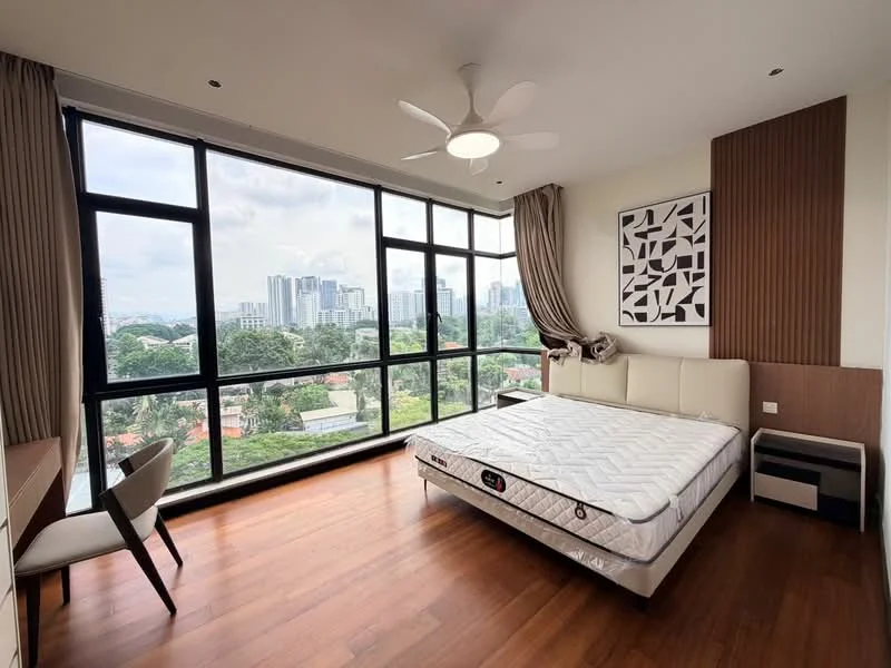 Bedroom features: king-size bed, upholstered headboard, floor-to-ceiling windows, wooden flooring, 5-blade ceiling fan with light, decorative wall art, built-in wardrobe, study desk, chair; style: modern; view: city.