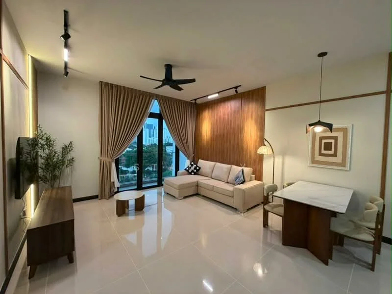 Living features: 3-seater fabric sofa in beige, coffee table, TV console, wall-mounted TV, floor-to-ceiling windows, sheer curtains, 5-blade ceiling fan with light, recessed LED downlights, decorative floor lamp, wood panel accent wall, white painted walls, glossy tile flooring; style: modern; view: city.