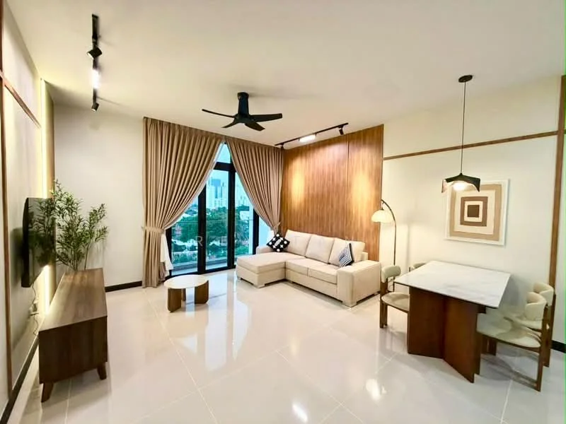 Living features: 3-seater fabric sofa in cream, wooden coffee table, TV console, floor-to-ceiling windows, curtains in beige, ceiling fan with light, wall-mounted TV, decorative wall paneling in wood, area rug, pendant light, decorative artwork, indoor plant; style: modern; view: city.