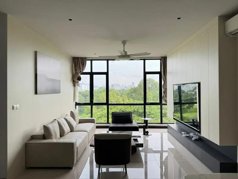 Living features: 3-seater fabric sofa in light beige, 2-seater fabric sofa in dark grey, coffee table in black, TV console in black, wall-mounted TV, floor-to-ceiling windows, view of greenery, ceiling fan with light, recessed downlights, cream painted walls, polished tile flooring; style: modern; view: garden.