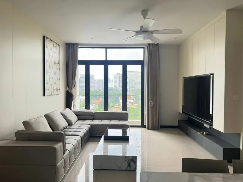 Living features: 3-seater fabric sofa in light grey, coffee table with marble top, wall-mounted TV, TV console with storage, floor-to-ceiling windows, curtains, ceiling fan with light, polished tile flooring, decorative wall art, view of city skyline; style: modern; view: city.