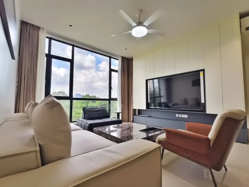 Living features: 3-seater fabric sofa in white, black leather armchair, coffee table with marble top, wall-mounted TV, TV console with storage, floor-to-ceiling windows, curtains, ceiling fan with light, recessed downlights, neutral wall colour, light-coloured tiled flooring, decorative wall paneling; style: modern; view: garden.
