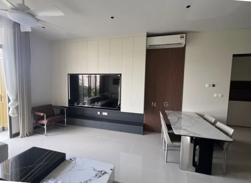 Living features: wall-mounted TV, black media console, white feature wall with paneling, large windows with sheer curtains, grey tiled flooring, ceiling fan, air conditioning unit, marble-top coffee table, brown leather armchair, dining table with marble top, metal dining chairs; style: modern.