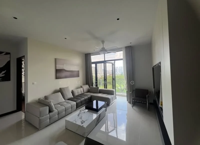 Living features: L-shape sectional sofa in grey, marble coffee table, wall-mounted TV, floor-to-ceiling windows, sheer curtains, 5-blade ceiling fan with light, polished tile flooring, decorative wall art, black accent wall; style: modern; view: garden.