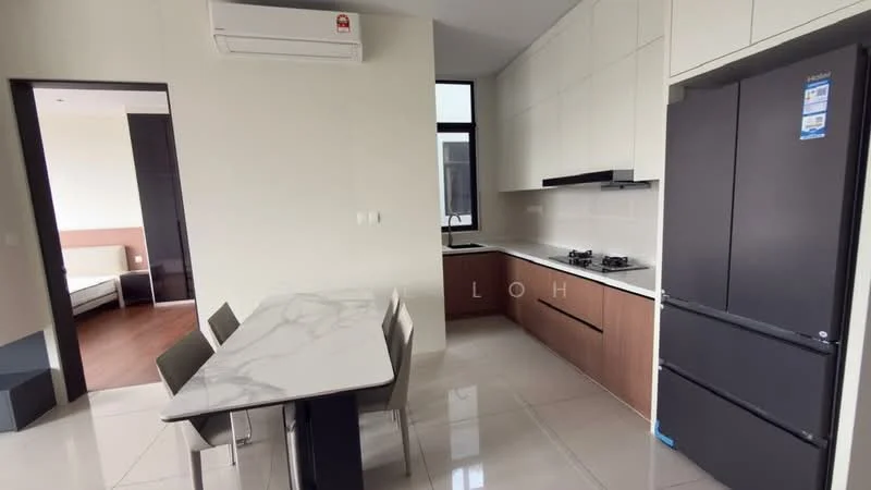 Kitchen features: white cabinetry, brown wooden cabinetry, marble dining table, 4 dining chairs, stainless-steel fridge, built-in gas hob, exhaust hood, white countertop, wall-mounted split AC, glossy tile flooring, large window for natural light; style: modern.