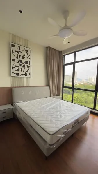 Bedroom features: queen-size bed frame without mattress, 5-blade ceiling fan with light, floor-to-ceiling windows, curtains, wooden flooring, decorative wall art, nightstand with drawer, green view from window; style: modern; view: garden.