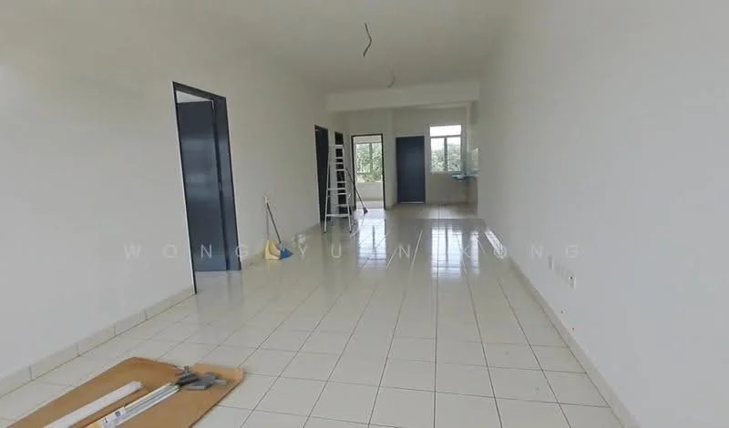 Room features: white painted walls, glossy white tile flooring, large windows, doorway leading to another room, ladder, cleaning supplies, neutral color scheme, high ceiling; style: modern; view: garden.