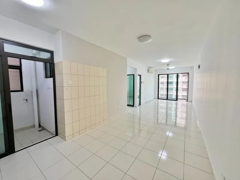 Living features: white painted walls, glossy white tile flooring, ceiling light, sliding glass door, floor-to-ceiling windows, air conditioning unit, open layout, neutral color scheme; style: modern. Room features: white painted walls, glossy white tile flooring, doorway leading to another room, window, unknown fixtures.