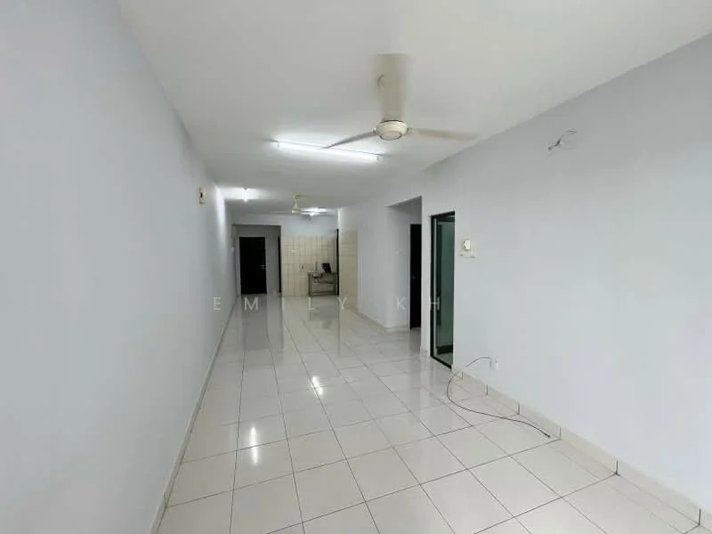 Room features: white painted walls, glossy tile flooring, ceiling fan, recessed lighting, open layout, neutral color scheme, no visible furniture, large windows, doorway leading to another room; style: modern.