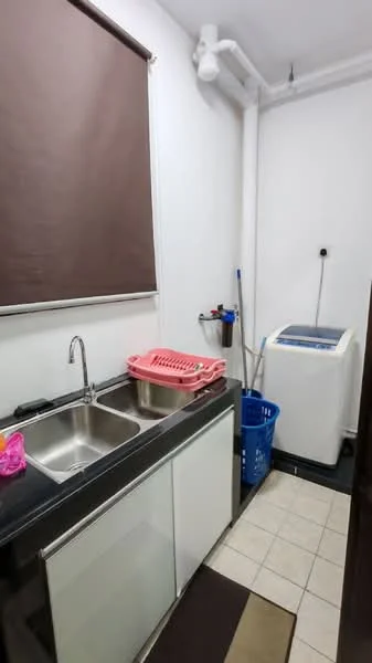 Laundry features: double-bowl stainless-steel sink, chrome faucet, black countertop, white washing machine, white tiled flooring, brown roller blinds, plastic laundry basket, pink dish rack, wall-mounted utility hook, cleaning supplies, white painted walls.