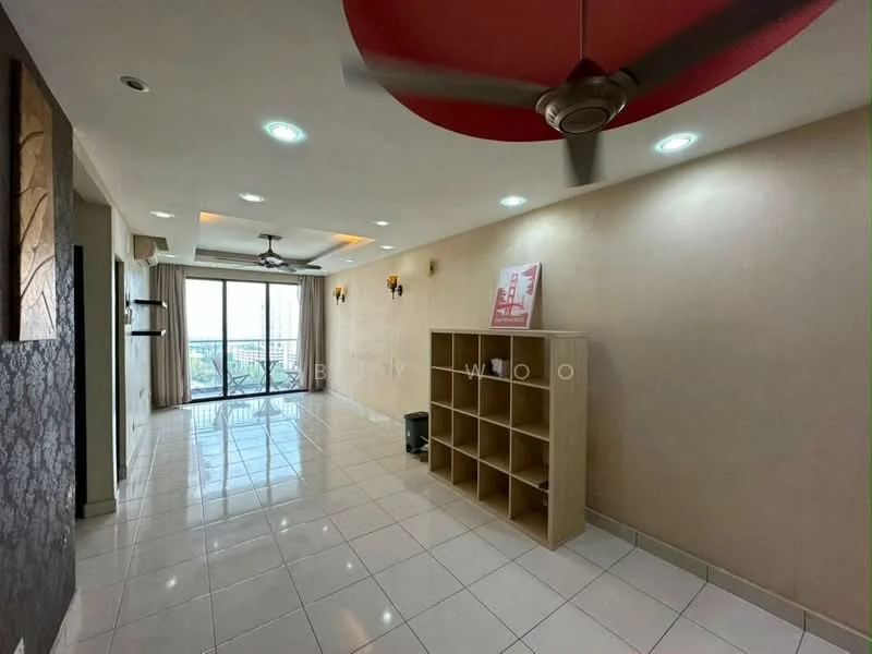 Living features: white painted walls, glossy white tile flooring, recessed downlights, 5-blade ceiling fan, 2 wall-mounted sconces, large sliding glass door, balcony access, open layout, built-in wooden shelving unit; style: modern; view: city.