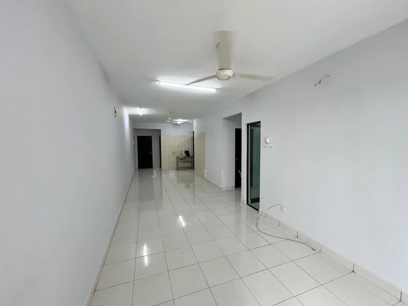 Room features: white painted walls, glossy white floor tiles, ceiling fan, recessed downlights, open layout, neutral color scheme, doorway leading to another room, visible electrical outlets; style: modern.