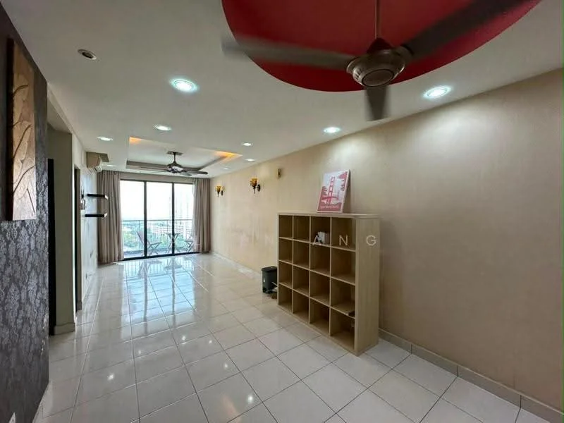 Living features: white painted walls, glossy white tile flooring, recessed downlights, 5-blade ceiling fan, wall-mounted TV, wooden shelving unit, large floor-to-ceiling windows, sliding glass door, curtains, decorative wall with texture, light fixtures on walls; style: modern; view: city.