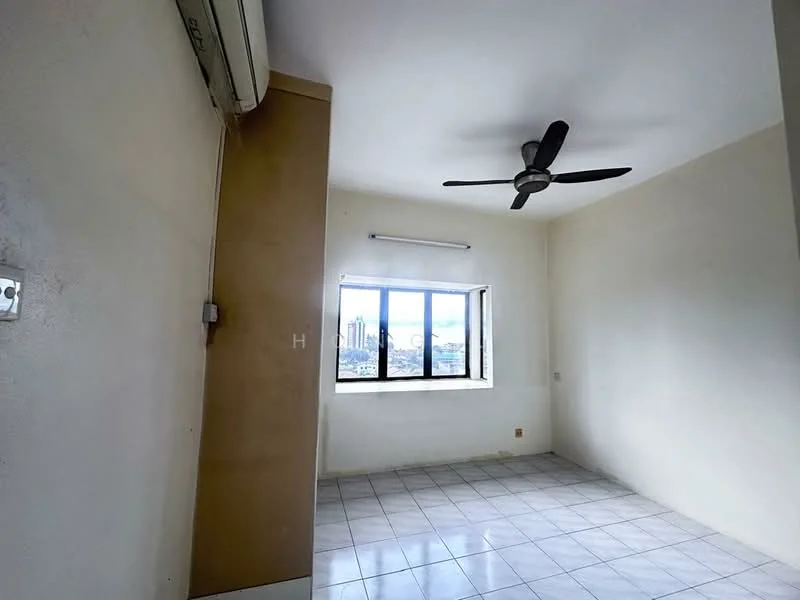 Room features: white painted walls, ceiling fan, floor-to-ceiling windows, tile flooring, air conditioning unit, natural light from windows; view: city.