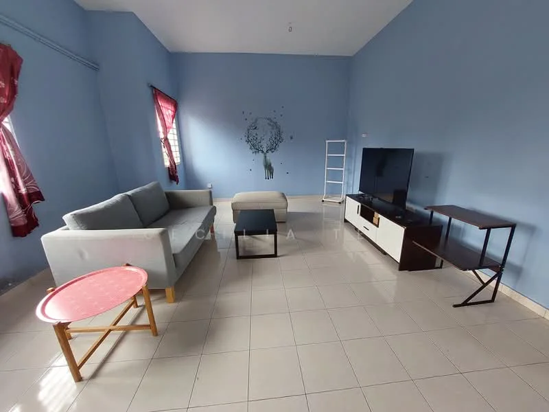 Living features: light blue painted walls, white tiled flooring, 3-seater fabric sofa in light grey, wooden coffee table with round red top, TV console in white with storage, black TV stand, wall-mounted TV, decorative wall art, curtains in red, open shelving unit, floor lamp; style: modern.