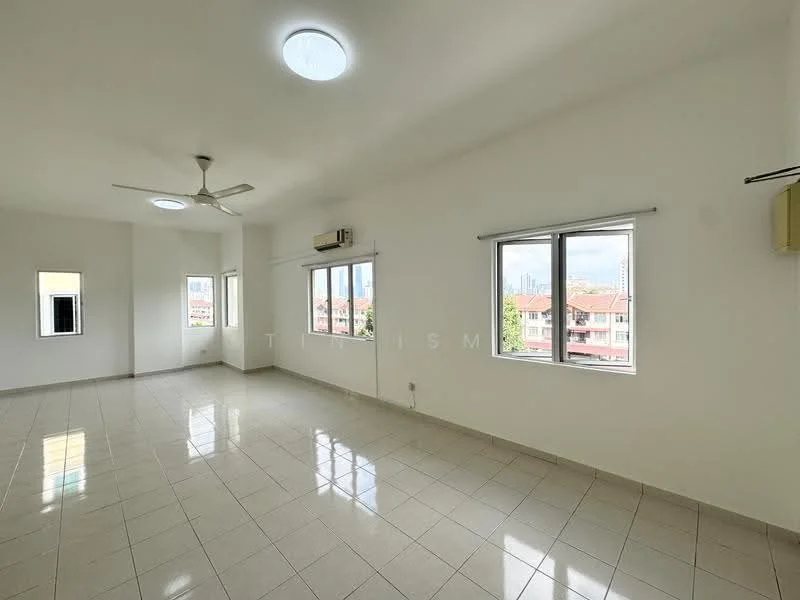 Living features: white painted walls, glossy ceramic tile flooring, 5-blade ceiling fan with light, 2 wall-mounted split AC units, floor-to-ceiling windows, window with white frame, natural light from multiple windows, neutral color scheme; style: modern; view: city.