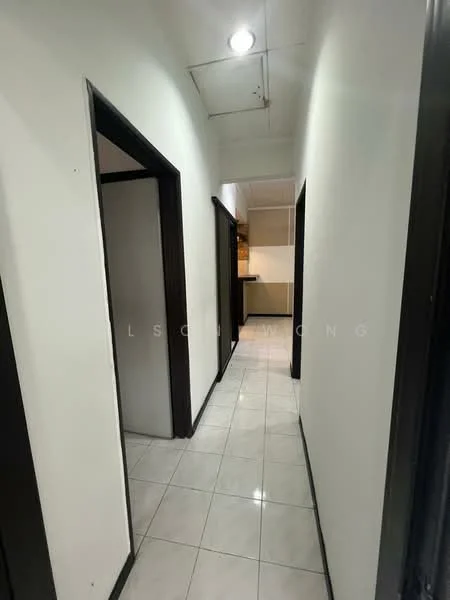 Hallway features: white painted walls, glossy white tile flooring, recessed downlights, black door frames, multiple doorways, ceiling with tiles.