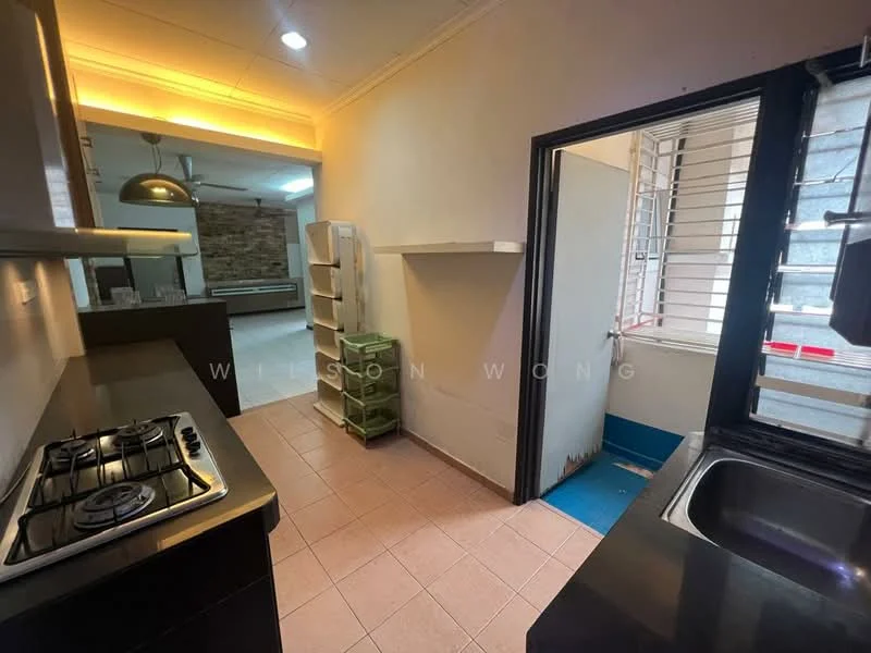 Kitchen features: black granite countertop, stainless-steel sink, chrome pull-down faucet, 4-burner gas hob, wall-mounted cabinets, open shelving, tile backsplash, ceramic tile flooring, recessed lighting, window with metal grilles, utility area with space for appliances; style: modern.