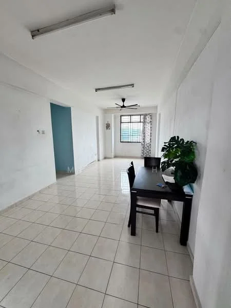 Living features: white painted walls, glossy ceramic tile flooring, 5-blade ceiling fan with light, large window with sheer curtains, dining table with four chairs, potted plant, neutral color scheme, open layout; style: modern.