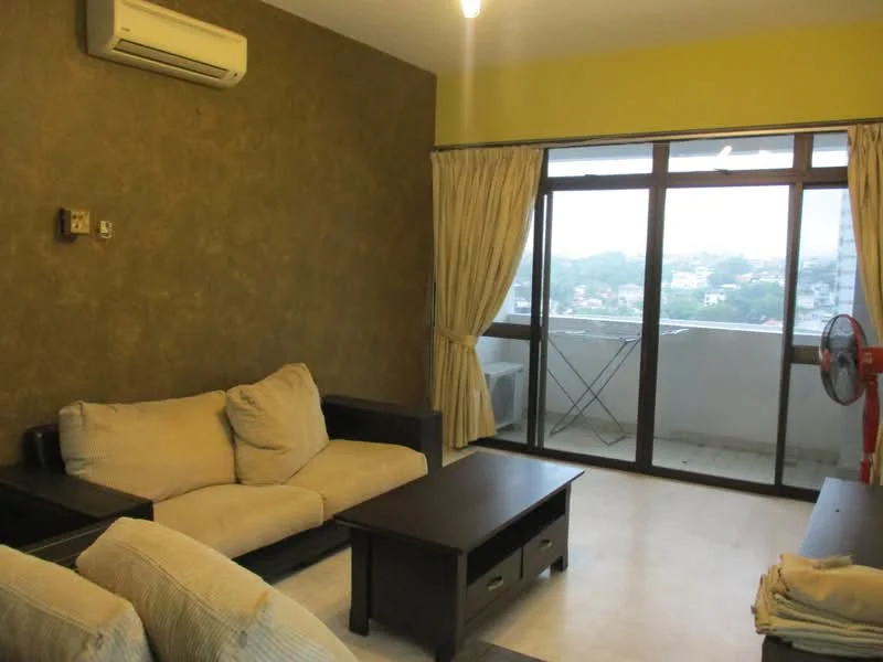 Living features: 2-seater fabric sofa in beige, 3-seater fabric sofa in beige, coffee table, floor-to-ceiling windows, curtains, wall-mounted split AC, light fixture, decorative wall with textured finish, tile flooring, balcony view; style: modern; view: city.