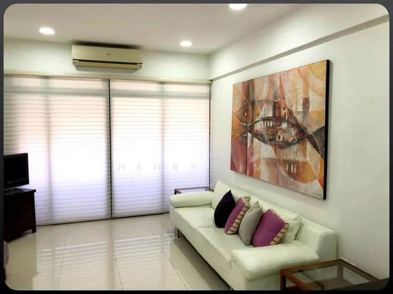 Living features: white leather sofa, purple accent pillows, glass coffee table, wall-mounted TV, air conditioning unit, recessed ceiling lights, sliding glass door with sheer blinds, framed abstract artwork on wall, glossy tile flooring, neutral painted walls; style: modern.