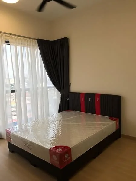 Bedroom features: queen-size bed, upholstered headboard, black and red bed frame, floor-to-ceiling windows, sheer white curtains, blackout curtains, wooden flooring, ceiling fan; style: modern; view: city.
