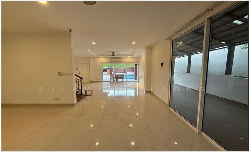 Living features: marble tile flooring, white painted walls, recessed downlights, 5-blade ceiling fan, sliding glass door, large windows, open layout, staircase, natural light, indoor-outdoor flow; style: modern; view: garden.