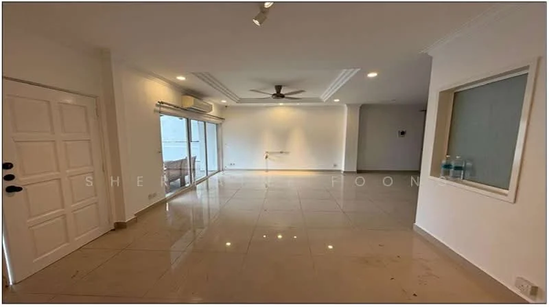 Living features: cream painted walls, polished marble flooring, 5-blade ceiling fan with light, floor-to-ceiling sliding glass door, window with view, recessed downlights, air conditioning unit, decorative wall panel, open layout, access to balcony, natural light; style: modern; view: city.