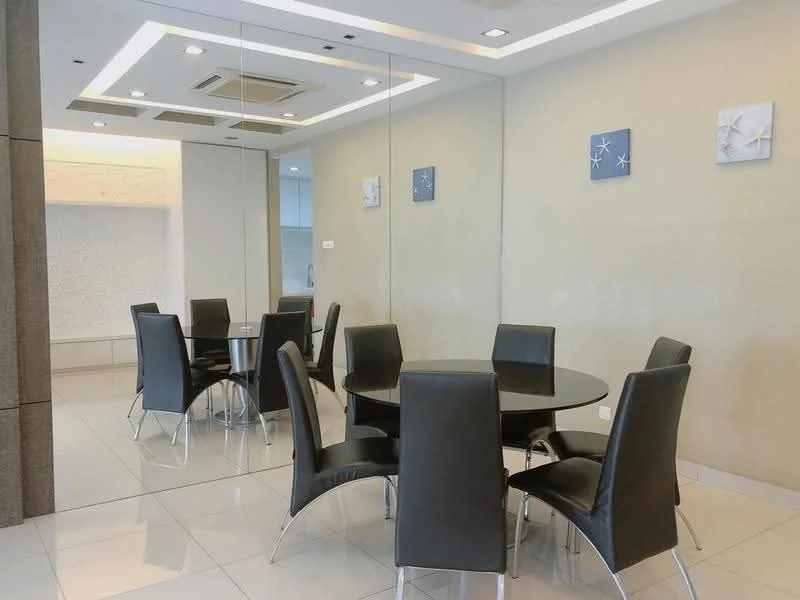 Dining features: round glass dining table, 6 black upholstered dining chairs, white painted walls, recessed downlights, mirror wall, tile flooring, decorative wall art, air conditioning unit; style: modern.