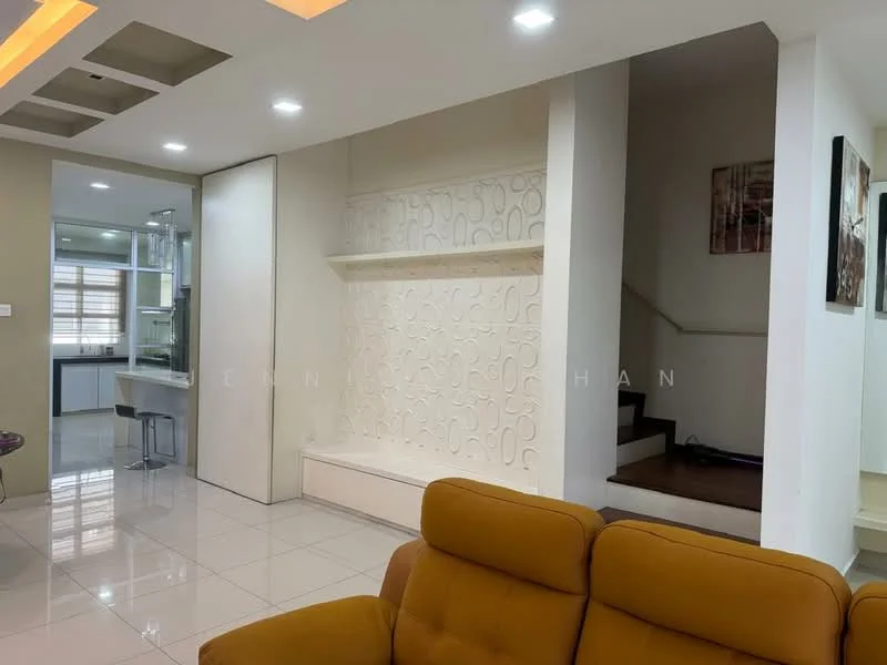 Living features: cream painted walls, white feature wall with textured design, glossy white tile flooring, recessed ceiling lights, orange accent lighting, staircase with wooden steps, open layout, sofa in orange fabric; style: modern. Room features: built-in cabinetry, glass display cabinet, unknown wall color.