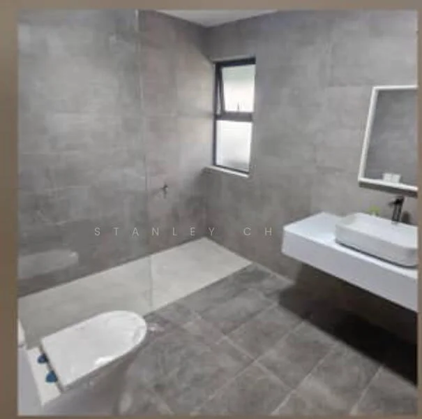 Bathroom features: grey tiled walls, grey tiled flooring, walk-in shower with glass enclosure, chrome basin mixer faucet, floating vanity with white cabinet, rectangular sink, framed mirror, toilet, window for natural light; style: modern.