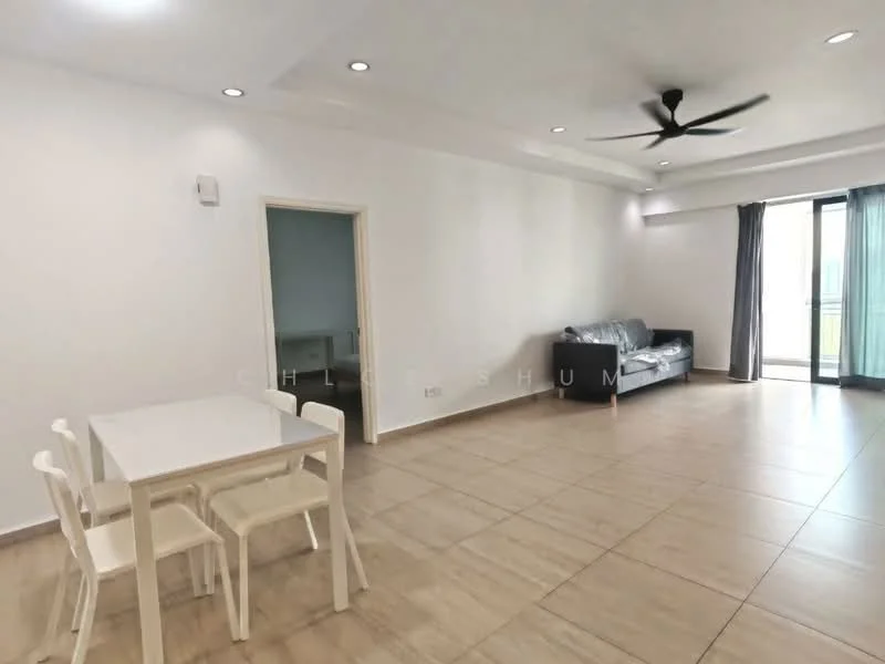 Living features: white painted walls, tile flooring, 5-blade ceiling fan, sofa in grey, dining table with 4 chairs, floor-to-ceiling windows, curtains, sliding glass door; style: modern.