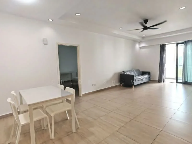 Living features: light-colored walls, tile flooring, 5-blade ceiling fan with light, sofa in grey, dining table with 4 chairs, floor-to-ceiling windows, curtains, sliding glass door; style: modern; view: city.