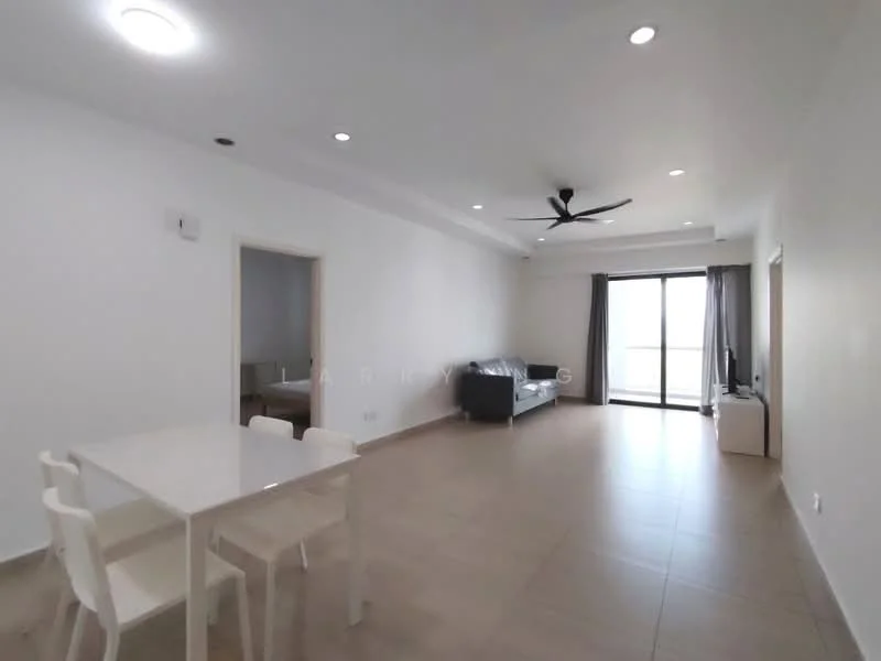 Living features: white painted walls, tile flooring, 5-blade ceiling fan with light, sofa in dark grey, coffee table, TV console, floor-to-ceiling windows, sliding glass door, curtains, dining table with white chairs, recessed downlights; style: modern; view: city.