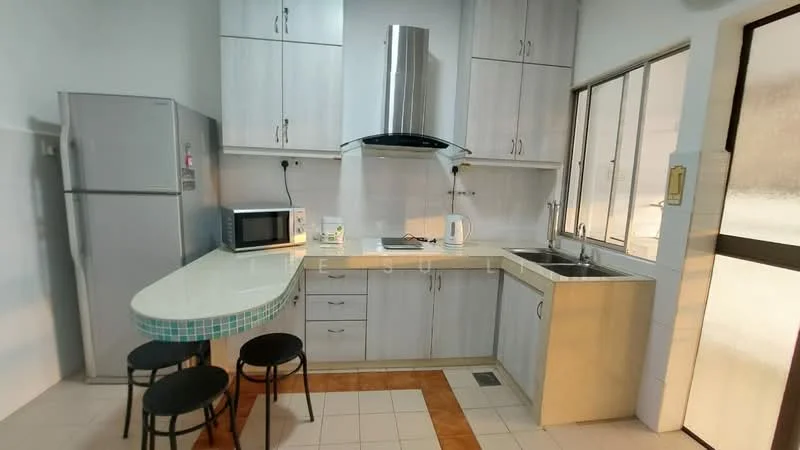 Kitchen features: light grey cabinetry, stainless-steel range hood, single-bowl stainless-steel sink, chrome pull-down faucet, white countertop, microwave, stainless-steel fridge, bar counter with turquoise tile, 2 black stools, ceramic tile flooring, window with sliding glass, wall-mounted cabinets; style: modern.