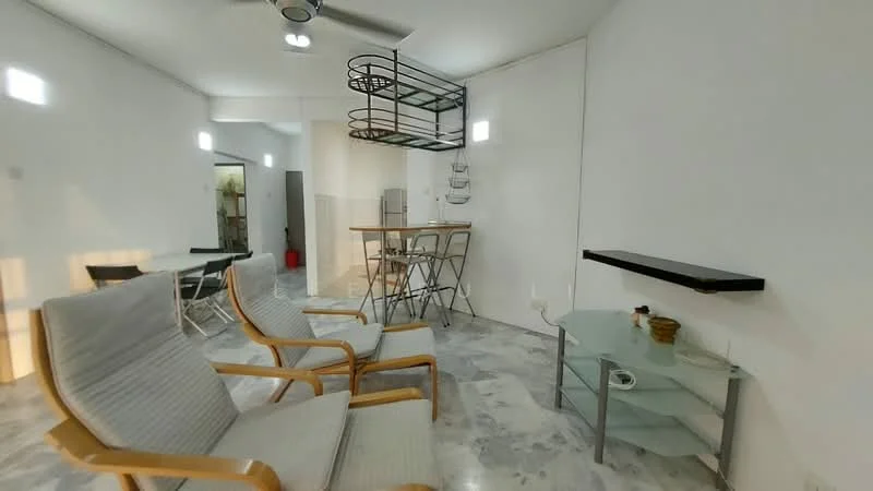 Living features: marble flooring, white painted walls, ceiling fan, glass coffee table, wooden armchairs, open shelving unit, wall-mounted shelf, dining table with chairs, recessed lighting; style: modern.