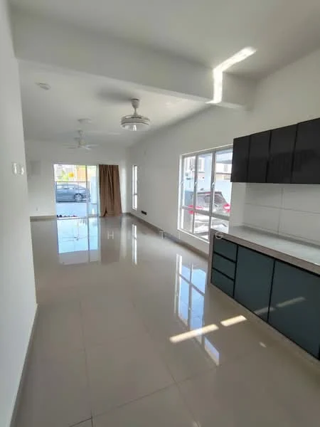 Living features: white painted walls, glossy ceramic tile flooring, tray ceiling, 2 ceiling fans, large windows, curtains, kitchen cabinetry with black finish, countertop with white surface, open layout, natural light, view of outdoor space; style: modern.