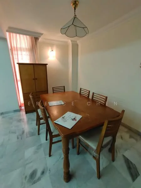 Dining features: wooden dining table, 6-seater dining table, wooden dining chairs, marble flooring, white painted walls, ceiling light fixture, curtains, wooden cabinet.