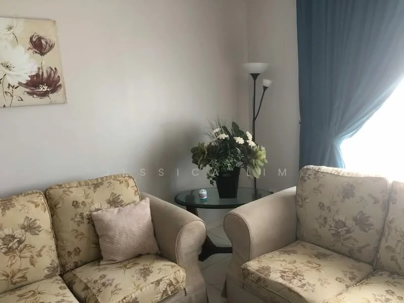 Living features: floral-patterned fabric sofa, beige upholstery, decorative throw pillow, glass coffee table, floor lamp, curtains in blue, white walls, tile flooring, decorative plant arrangement; style: contemporary.