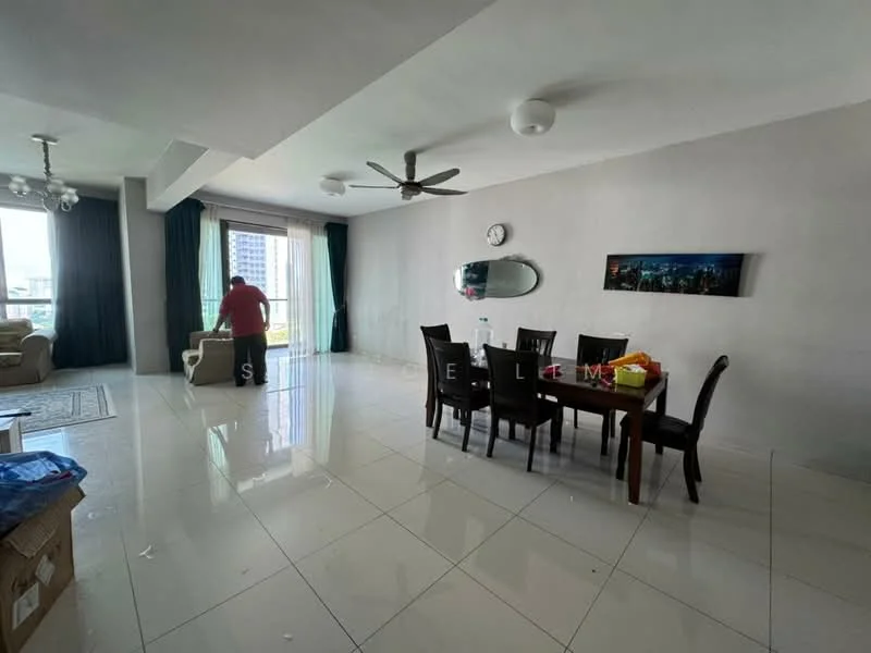 Dining features: 6-seater dining table, dark wooden dining chairs, pendant light, recessed downlights, large floor-to-ceiling windows, sliding glass door, cream painted walls, white tiled flooring, decorative wall clock, area rug, sofa in beige fabric, coffee table, curtains in dark green, wall-mounted artwork; style: modern; view: city. Living features: 3-seater fabric sofa in beige, coffee table, area rug, large floor-to-ceiling windows, sliding glass door, cream painted walls, white tiled flooring, recessed downlights, decorative wall clock, curtains in dark green; style: modern; view: city.