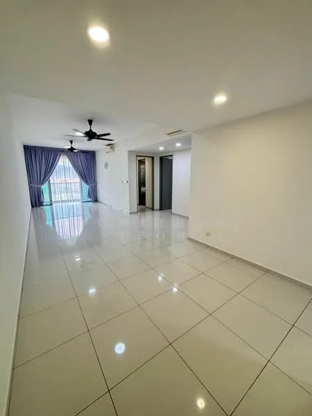 Living features: white painted walls, glossy ceramic tile flooring, 5-blade ceiling fan with light, floor-to-ceiling windows, sheer curtains, recessed downlights, open layout, access to balcony; style: modern; view: city.