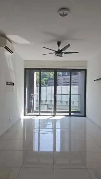 Living features: white painted walls, glossy ceramic tile flooring, 5-blade ceiling fan with light, floor-to-ceiling windows, sliding glass door, balcony view, air conditioning unit, open shelving; style: modern; view: garden.