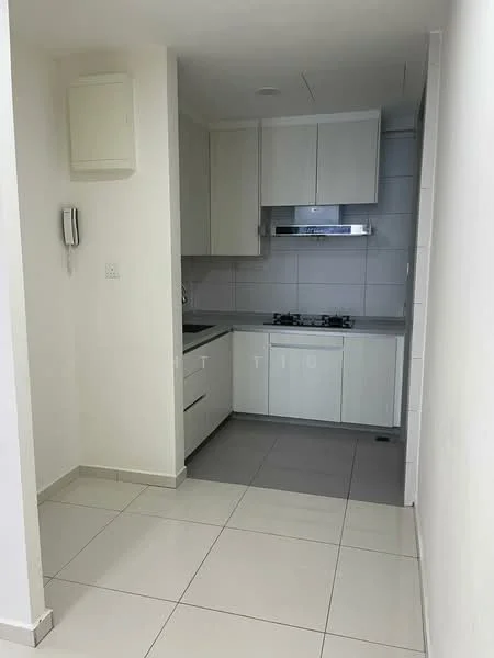 Kitchen features: white cabinetry, grey countertop, stainless-steel range hood, built-in gas hob, double-bowl stainless-steel sink, white tiled backsplash, ceramic tile flooring, wall-mounted intercom, recessed lighting, open layout; style: modern.