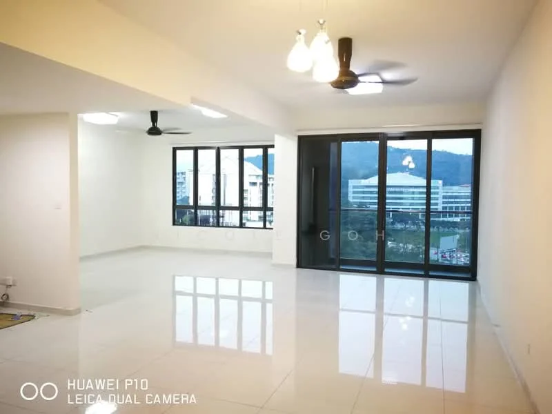 Living features: white painted walls, glossy white tile flooring, 5-blade ceiling fan, 3 pendant lights, floor-to-ceiling windows, sliding glass door, mountain view, open layout; style: modern; view: mountain.