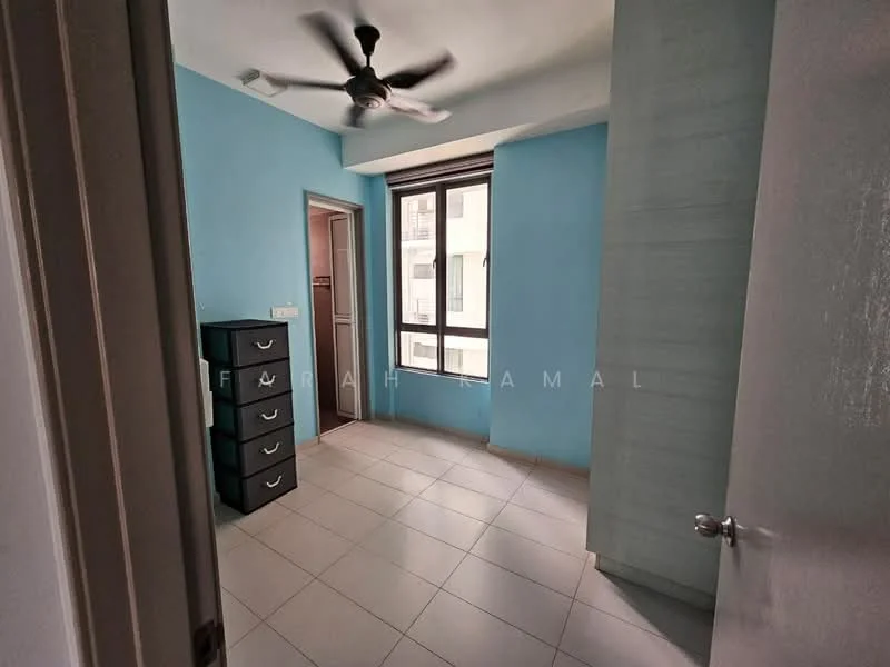 Room features: light blue painted walls, grey tile flooring, ceiling fan, window with view to exterior, built-in wardrobe, 4-drawer chest of drawers, door leading to hallway, door leading to bathroom; style: modern.