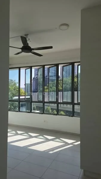 Room features: floor-to-ceiling windows, 5-blade ceiling fan, white painted walls, light-colored tile flooring, natural light from windows, view of city skyline, open layout, shadow patterns on floor; style: modern; view: city.