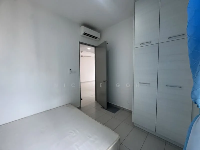 Room features: white painted walls, tile flooring, built-in wardrobe with sliding doors, air conditioning unit, door leading to another room.