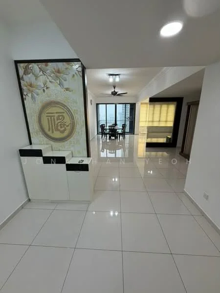 Living features: white painted walls, glossy white tile flooring, 5-blade ceiling fan with light, dining table with chairs, large sliding glass door, window with blinds, decorative wall panel with floral design, recessed lighting; style: modern; view: city.