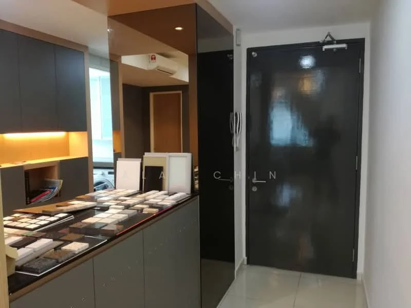 Room features: grey cabinetry, black glossy door, white walls, tile flooring, built-in lighting, display counter with samples, air conditioning unit, glass partition; style: modern.